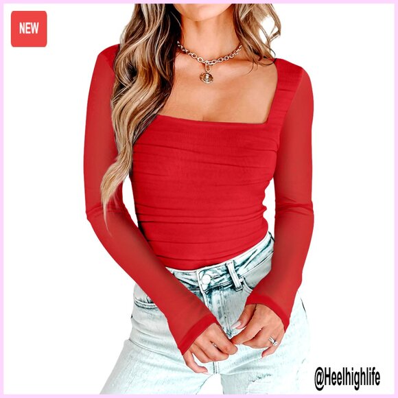 Square Neck Mesh Long Sleeve Bodysuit Ruched Tops Women's Clothing